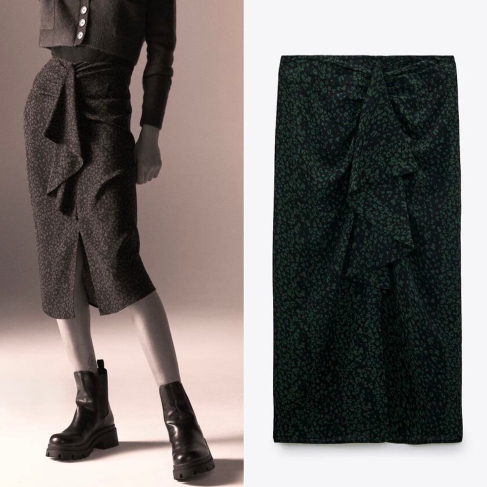 Zara Animal Print Black and Green Midi Skirt, Color Black/ Green, Size S, NWT